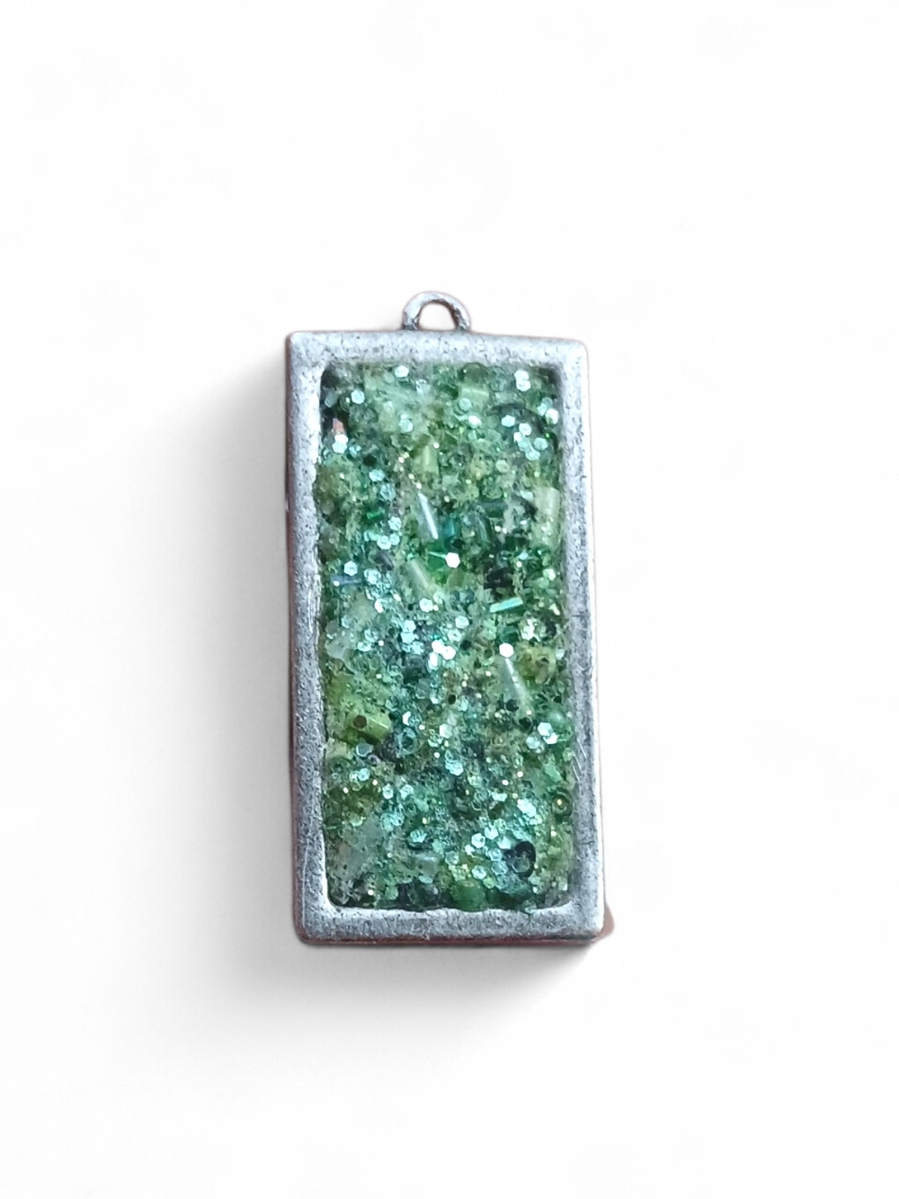 NEW Green Crushed Mineral Inlay Silver Tone Rectangular Pendant
